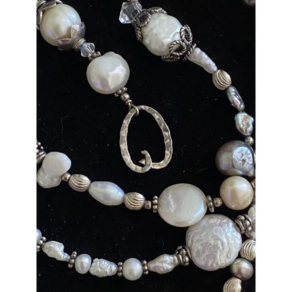 Genuine Baroque Coin Salt Water Pearls Crystals Necklace Sterling Silver - Picture 10 of 12